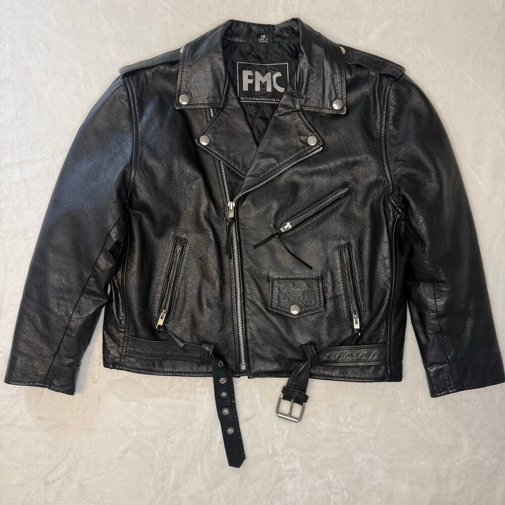 FMC Black Leather Motorcycle Jacket Youth Size 18 First Manufacturing Co.